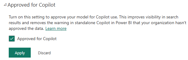 Skærmbillede af indstillingerne godkendt i Copilot Power BI-tjenesten, der viser muligheden for at markere en model Klargjort til AI.