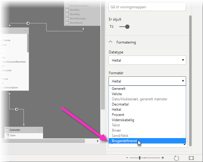 Skærmbillede af Power BI Desktop i Modelleringsvisning, hvor du markerer Brugerdefineret i Format-dropdownmenuen.