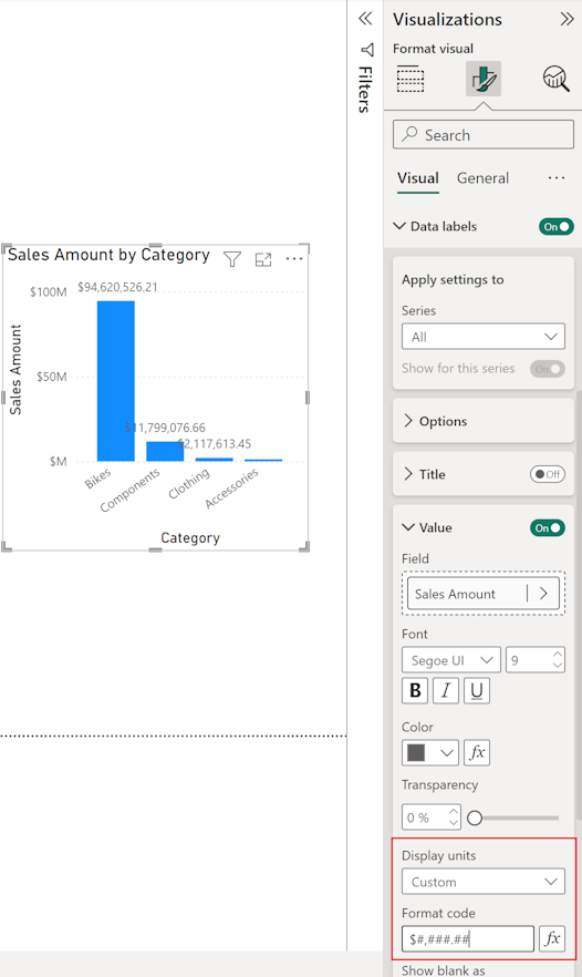 Skærmbillede af Format-panelet til en visuel visning, der viser Værdiformatindstillinger for Data Labels i den visuelle sektion.