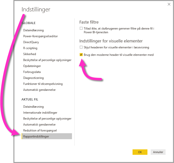 Skærmbillede af Options-menuen, hvor du markerer Rapportindstillinger, og afkrydsningsfeltet Brug det moderne visuelle billede med opdaterede stylingindstillinger.