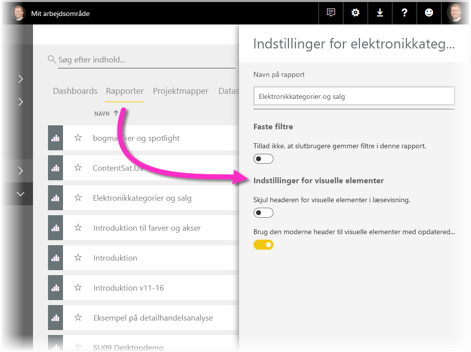 Skærmbillede af indstillingerne for en rapport i Power BI-tjenesten.