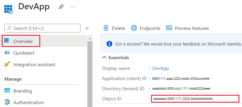 Skærmbillede af vinduet Azure Portal, som viser objekt-id'et under bladet Oversigt i et Microsoft Entra-program.