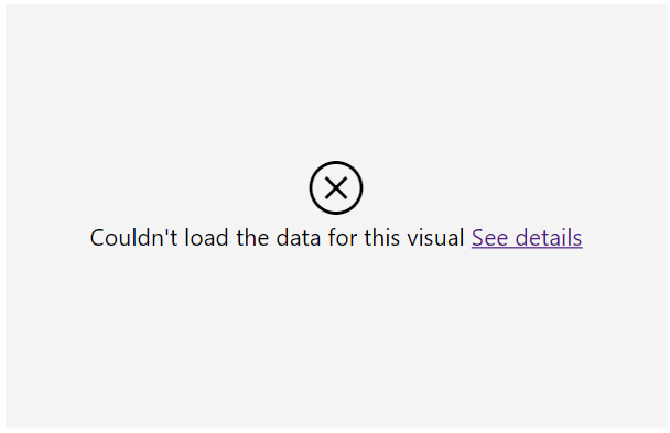 Skærmbillede af visualisering med valideringer, der ikke kunne indlæses, fordi felterne ikke er hierarkisk relaterede. Fejlmeddelelsen siger 