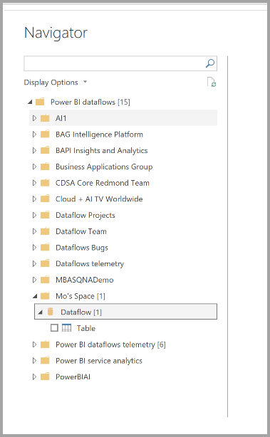 Skærmbillede af navigatoren i Power BI Desktop, der vælger dataflow, der skal oprettes forbindelse til.