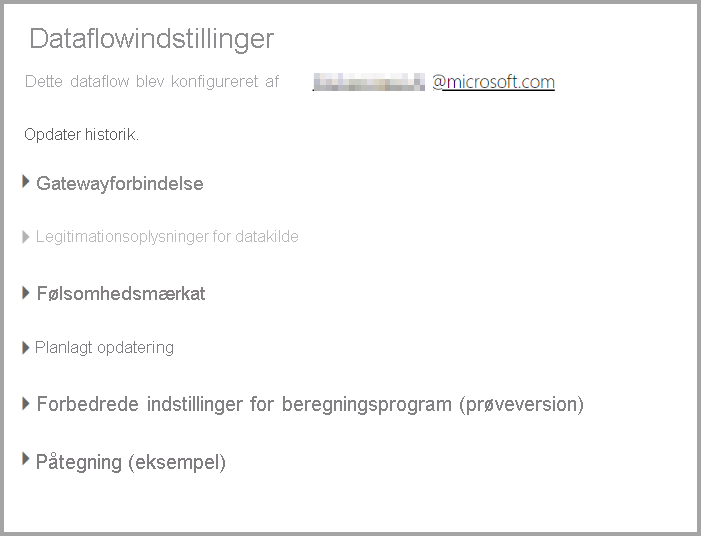 Skærmbillede af siden Indstillinger for et dataflow, når du har valgt Indstillinger på rullelisten for dataflow.