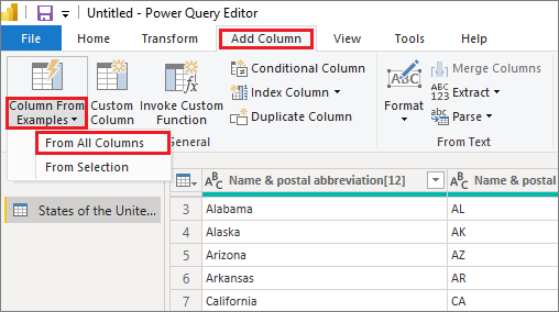 Skærmbillede af Power Query-editor, der fremhæver Tilføj kolonne, kolonne fra eksempler og fra alle kolonner.