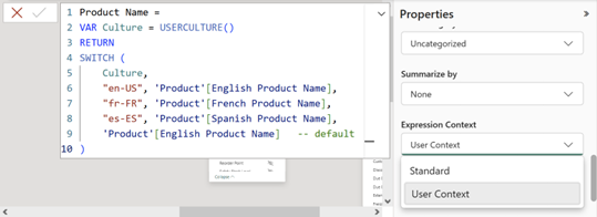 Skærmbillede af Power BI Desktop, der viser Expression Context-egenskaben for en beregnet kolonne.