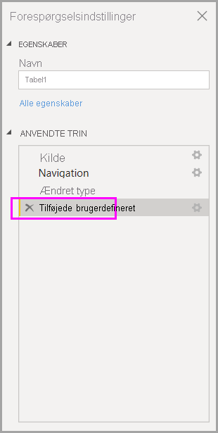 Skærmbillede af historikken anvendte trin, der fremhæver det senest udførte trin.