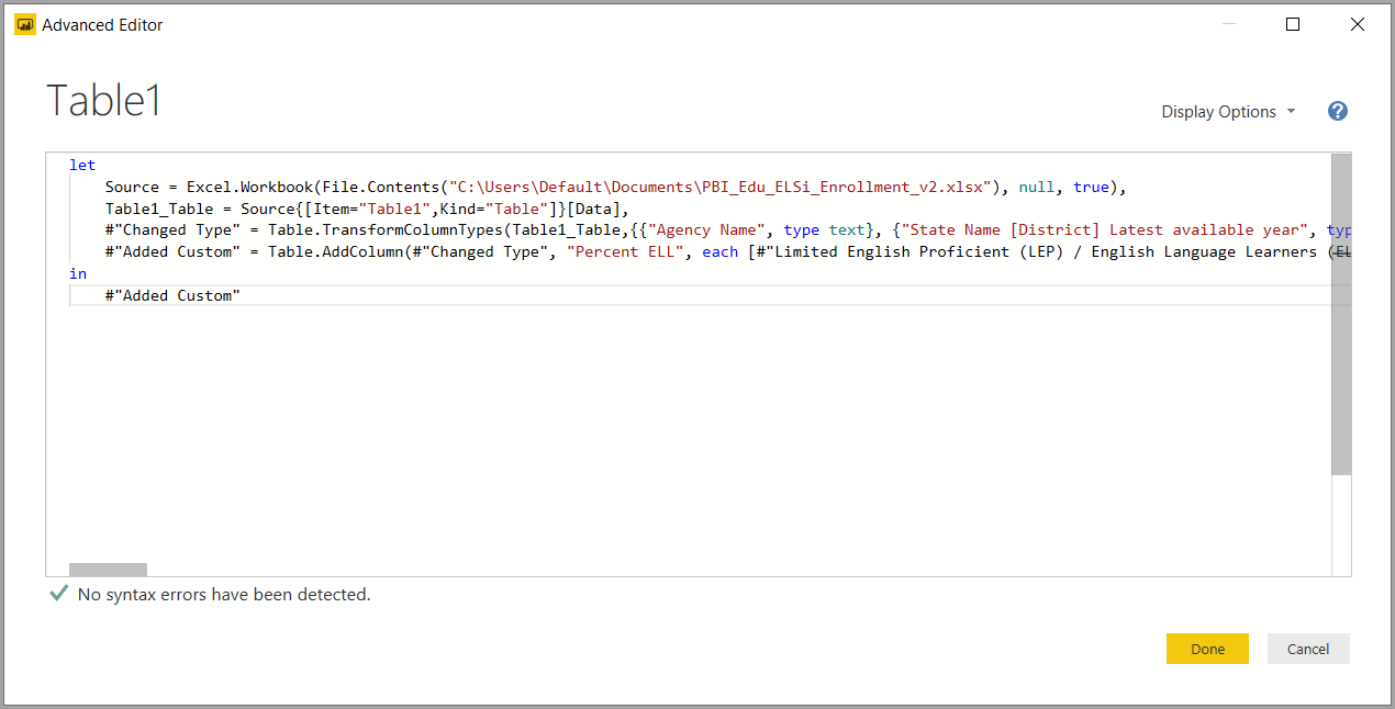 Skærmbillede af dialogboksen Avanceret editor med en eksempelformel.