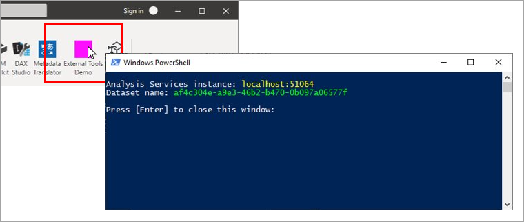 Skærmbillede af PowerShell-konsoloutput lavet fra det eksempelbaserede eksterne værktøj.