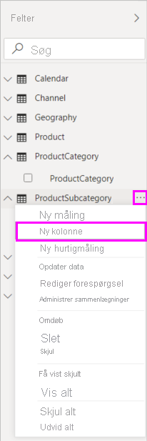 Skærmbillede af ny kolonne i rullemenuen.