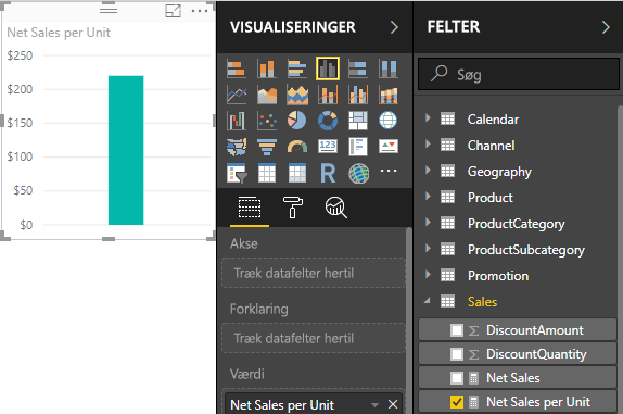 Skærmbillede af nettosalgsbeløb pr. enhed for alle solgte produkter.