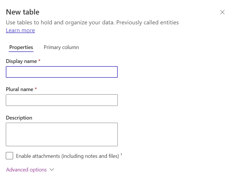 Vinduet Opret en ny tabel.