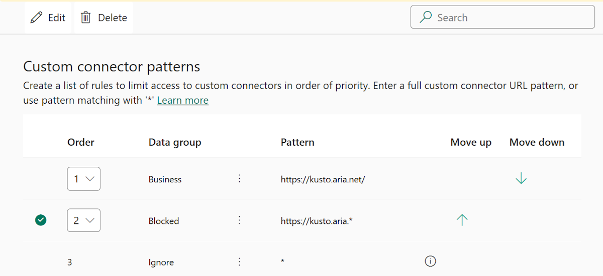 Opdater rækkefølgen af mønstrene ved at bruge rullelisten Organiser eller vælge Flyt op eller Flyt ned.