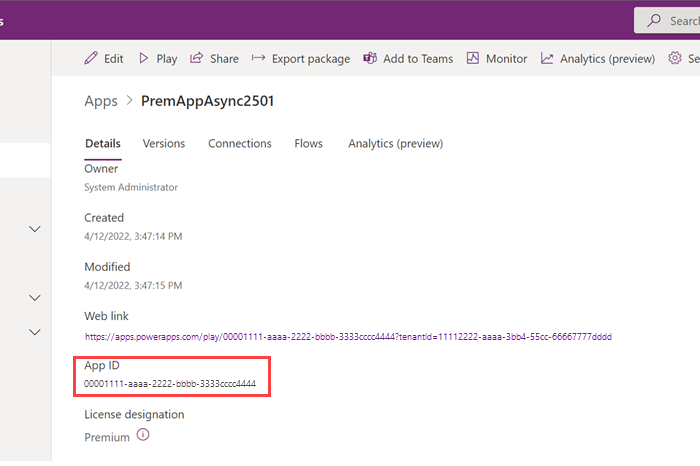 Skærmbillede, der viser AppName for en lærredsapp, som kan ses på siden med detaljer om lærredsappen.