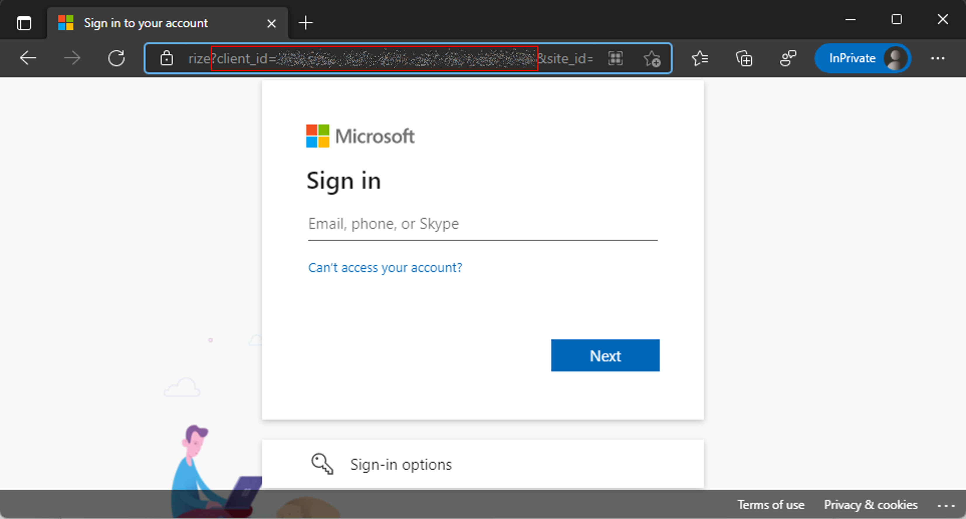Skærmbilledet af en Azure DevOps organisationslogonside med parameteren client_id i URL-adressen fremhævet.