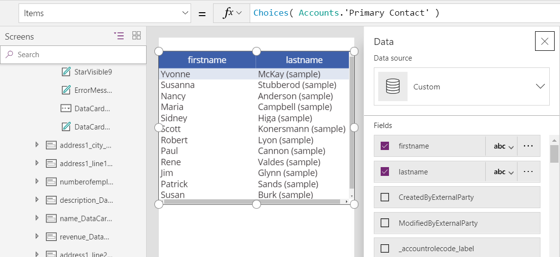 Et lærredsskærmbillede med et kontrolelement af typen datatabel. Egenskaben Items er angivet til formlen Choices( Accounts.'Primary Contact'), og tabellen viser kolonnerne for fornavn og efternavn for det første sæt poster fra tabellen Kontakter.