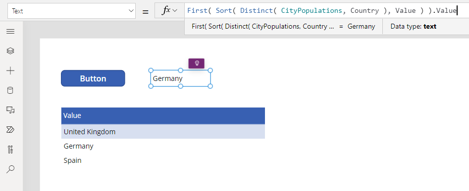 Output fra Distinct funktion, der viser det første land/område efter navn.