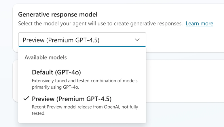 Rullemenu til at vælge Eksempel på Premium GPT-4.5