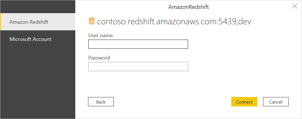 Skærmbillede af godkendelsesdialogen med Amazon Redshift valgt som godkendelsestype.