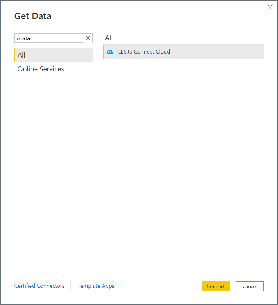 Skærmbillede af dialogboksen Hent data, hvor du vælger CData Connect Cloud.
