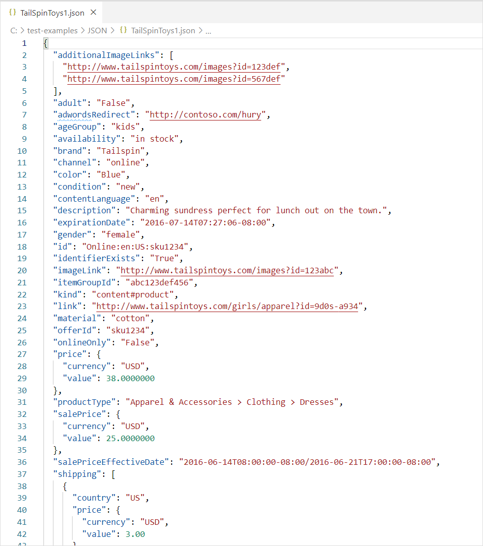 Skærmbillede af indholdet af en JSON-fil med indlejrede data.