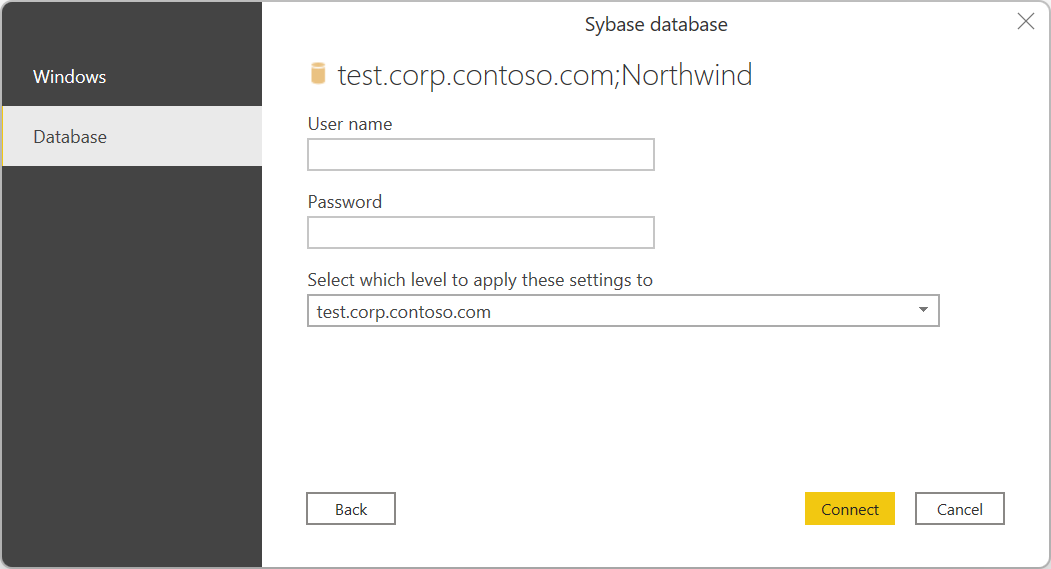 Indtast dine Sybase-databaseoplysninger.