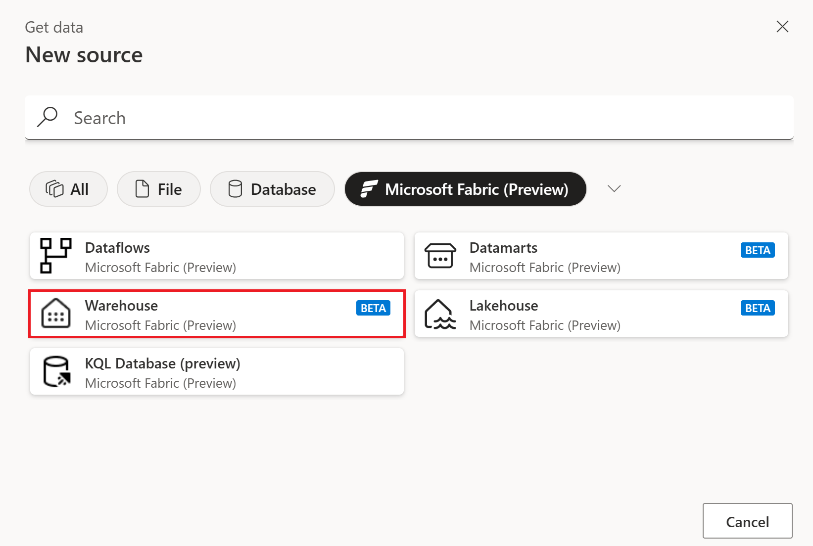 Skærmbillede af den nye kildeside, med Microsoft Fabric-kategorien valgt og Warehouse-connectoren fremhævet.