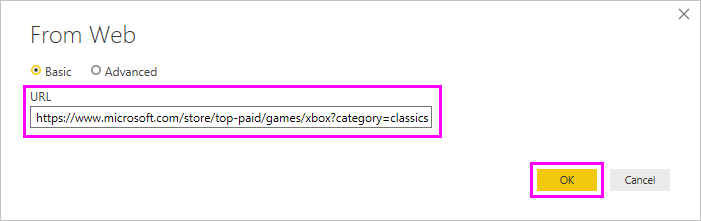 Skærmbillede af dialogen Fra webforbindelsen med Microsoft Store-URL'en fremhævet.