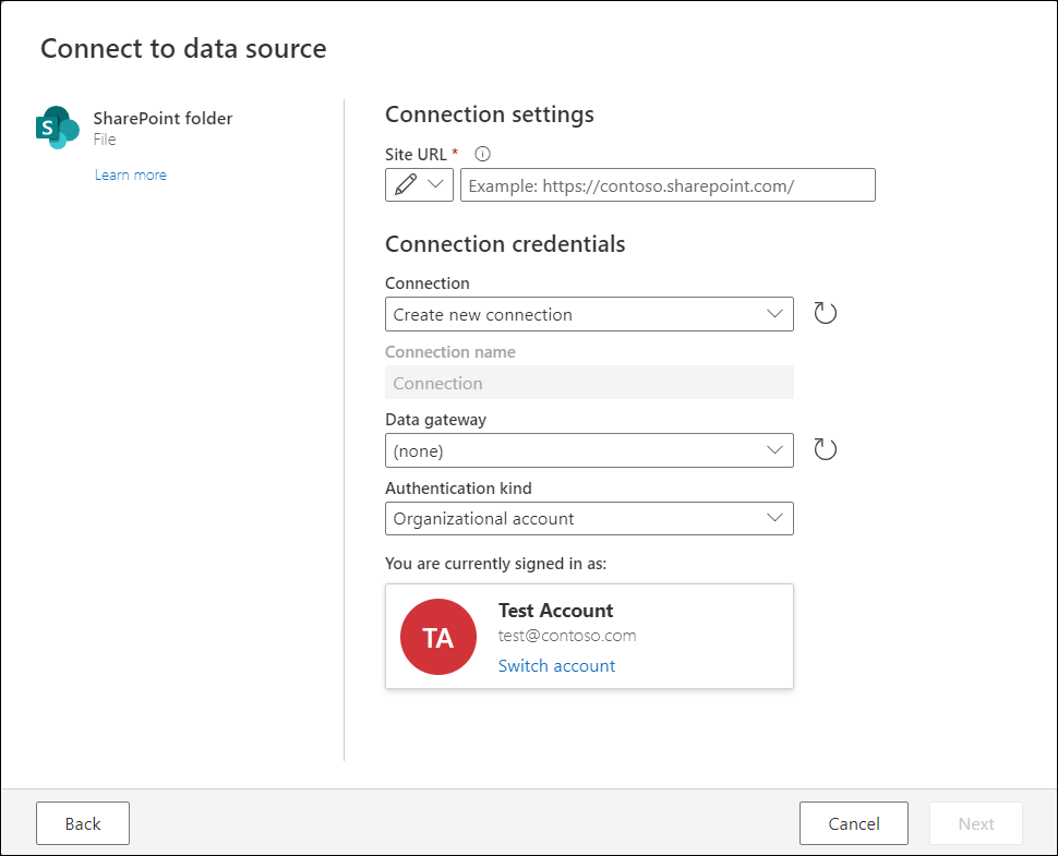Forbind til datakilde-dialogen, der viser SharePoint-mappeforbindelsesoplevelsen, hvor brugerens testkonto automatisk er logget ind ved hjælp af Organisationskontoen som autentificeringsformular.