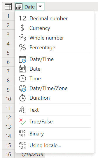 Skærmbillede af menuen datatype i kolonneoverskriften.