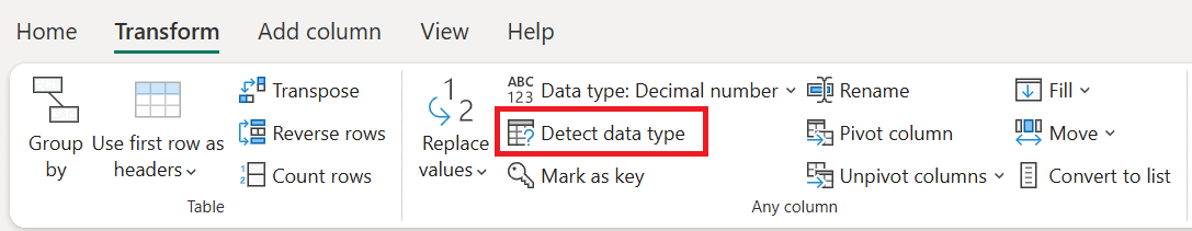 Skærmbillede af kommandoen Registrer datatype under fanen Transformér.