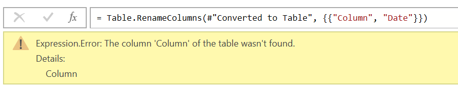 Skærmbillede af en fejl på trinniveau, hvor en kolonne ikke blev fundet.