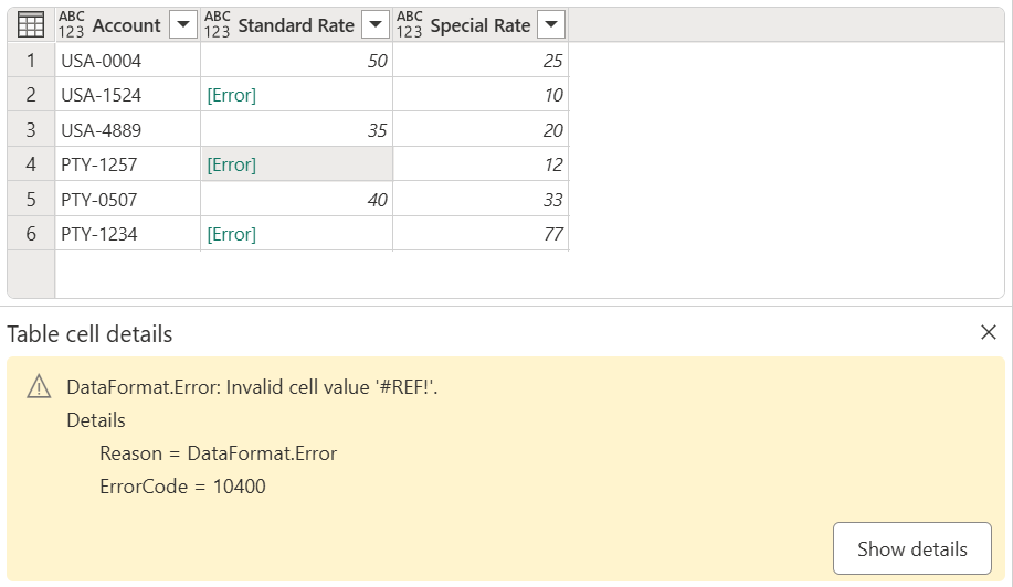 Skærmbillede af den valgte fejl med en fejlmeddelelse nederst i dialogboksen.