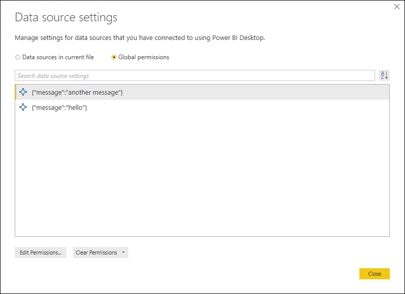 Skærmbillede af datakildeindstillingernes brugerflade.