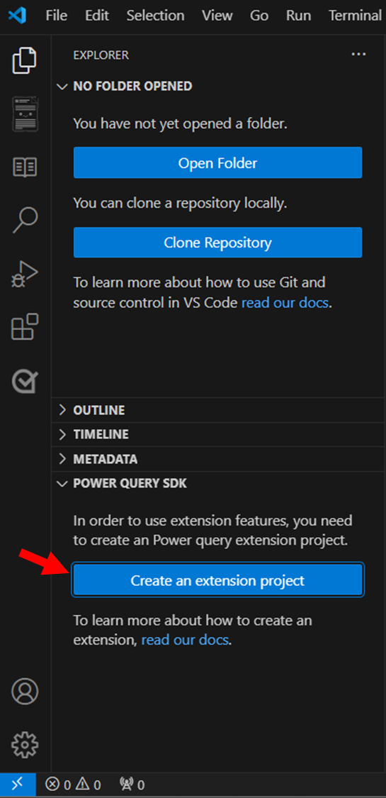 Skærmbillede, der understreger muligheden for at oprette et Power Query SDK-udvidelsesprojekt.