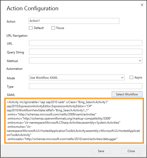 XAML for den valgte arbejdsproces