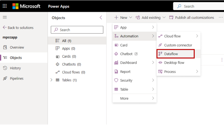 Føje ny Power Platform-dataflow-indstilling til en løsning.