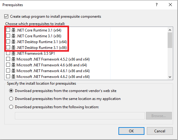 .NET Core Prerequisites .NET Core items in the Prerequisites dialog