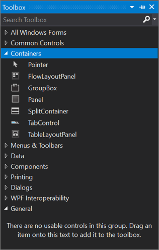 Screenshot of the Toolbox window Screenshot of the Toolbox window showing the options in the Containers section.