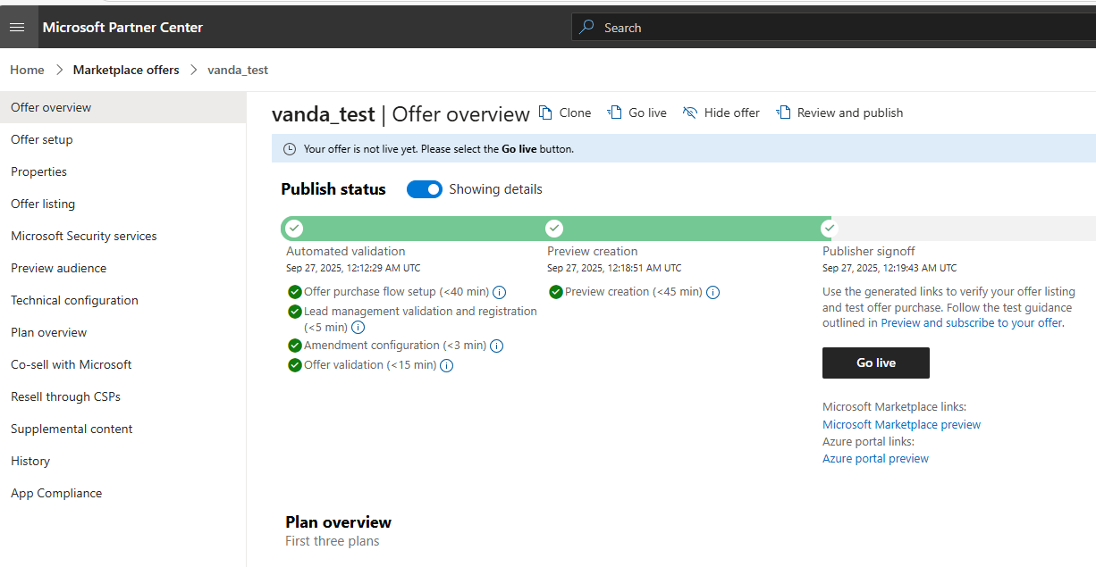 Screenshot of the Marketplace offers - offer overview pane showing the details and a Go Live button for this offer.