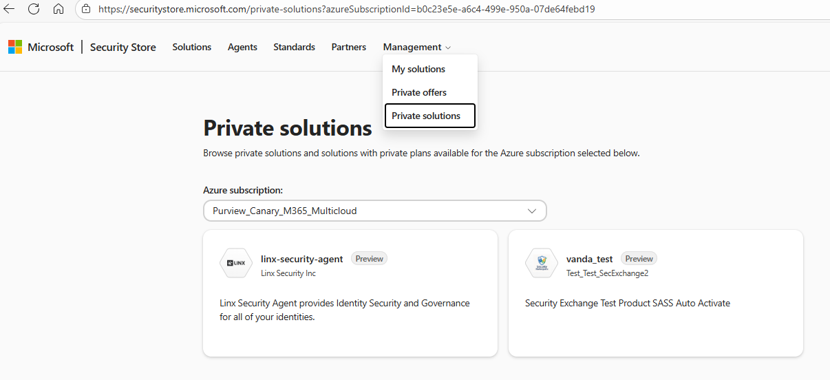 Screenshot of the Private solutions option under Management in the Security Store menu.