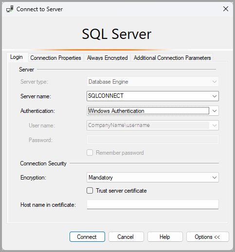 Screenshot of classic connection dialog for SQL Server.