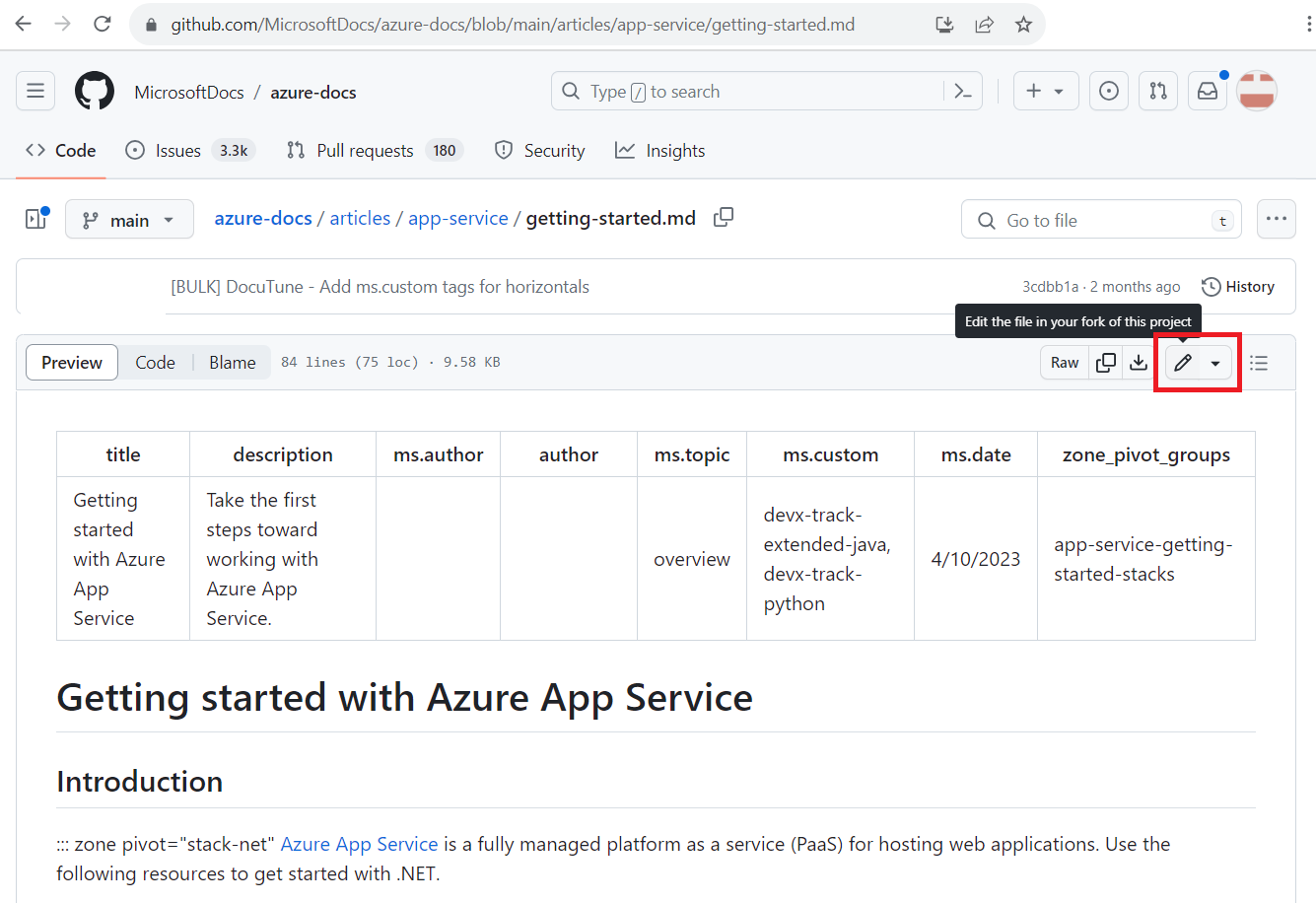 Skærmbillede af GitHub-kildefilen til en dokumentationsartikel. Blyantsikonet Rediger fil er fremhævet.