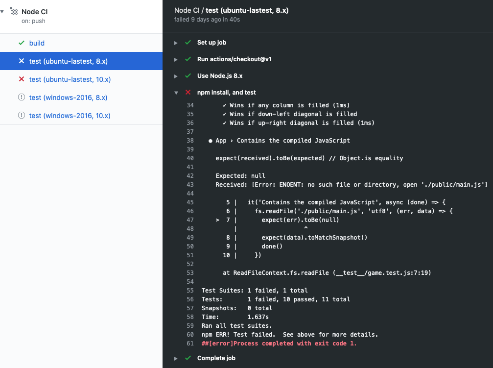 Skærmbillede af gitHub-handlingslog med oplysninger om en mislykket test.