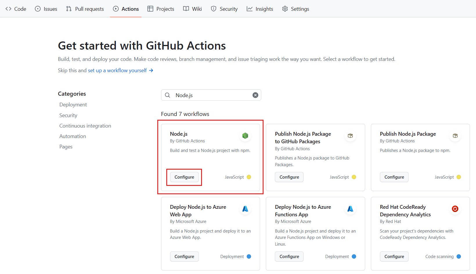 Skærmbillede, der viser fanen GitHub-handlinger med ruden Node.js fremhævet og knappen Konfigurer valgt.