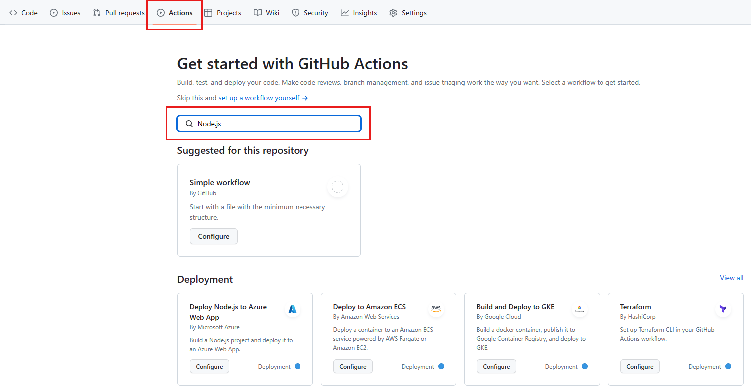 Skærmbillede, der viser fanen GitHub-handlinger med søgefeltet fremhævet og med teksten Node.js.