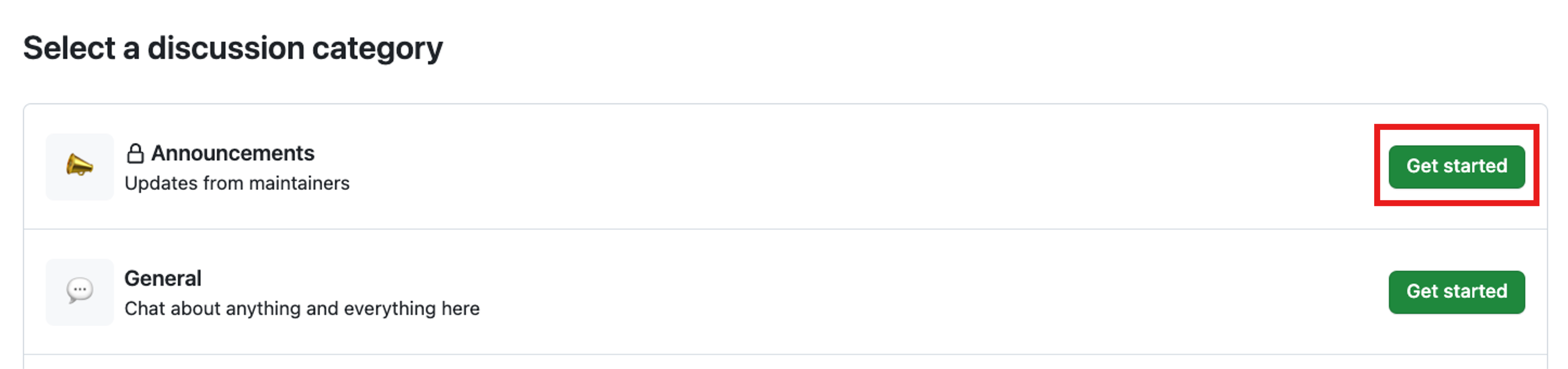 Et skærmbillede af valg af en diskussionskategorimenu med den øverste indstilling Meddelelser og knappen Kom i gang fremhævet.