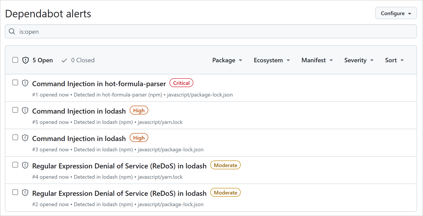 Skærmbillede af afhængighedsafhængige beskeder for sårbare afhængigheder.