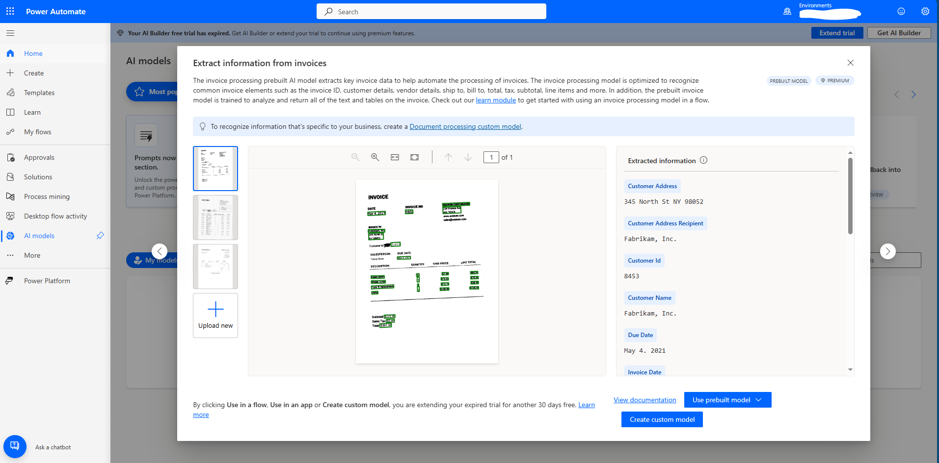 Invoice Processing (preview) dialog showing the Try It Out tab with an invoice selected, and Extracted information showing to the right.